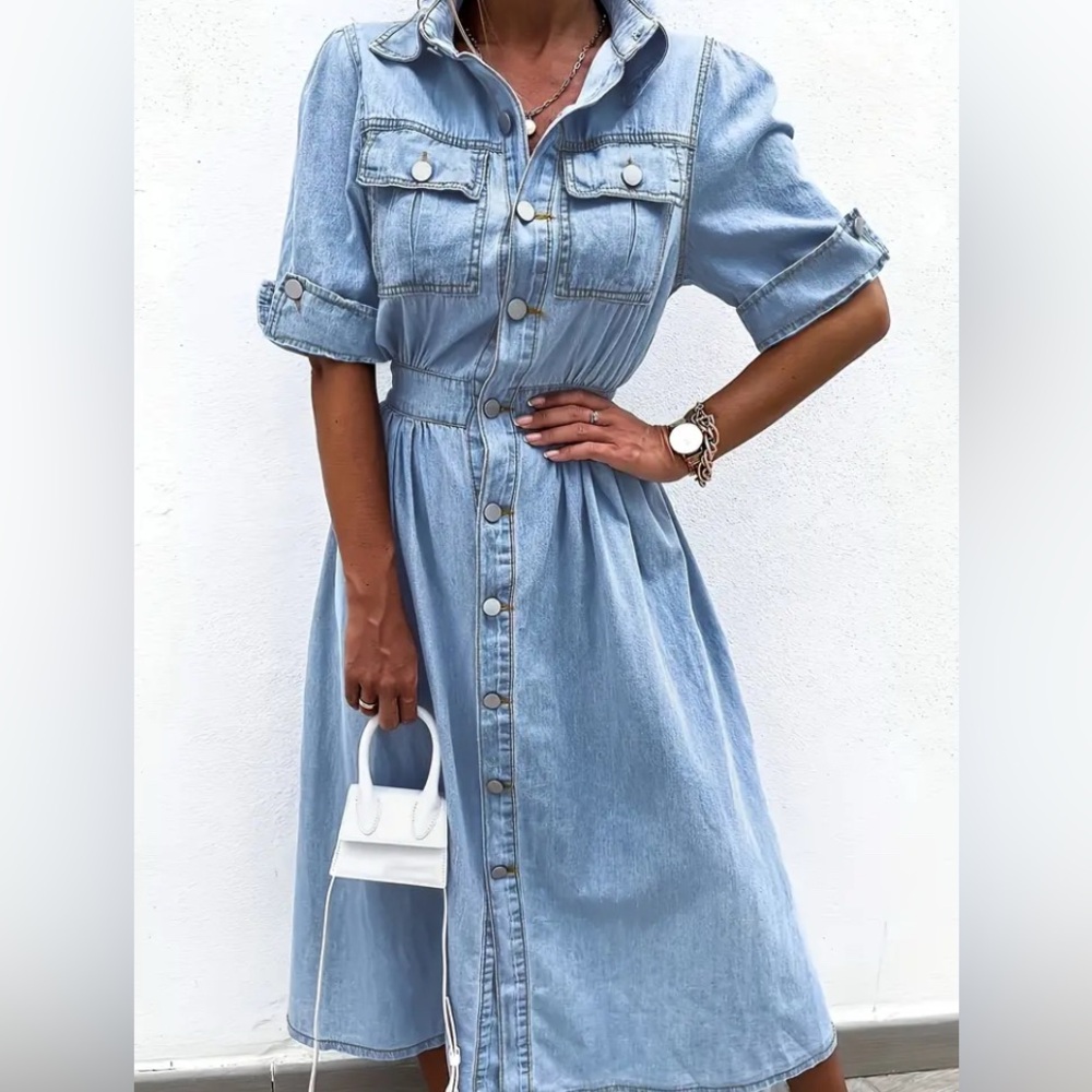 Denim Button-Up Shirt Dress with Pockets - Picture 1 of 5